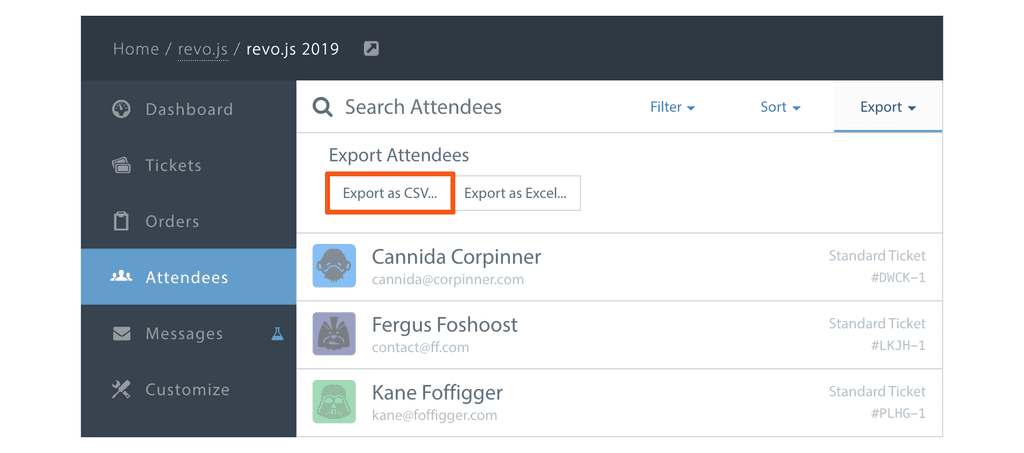 how to export attendees list from ti.to: go to event page, attendees, export then select export as CSV